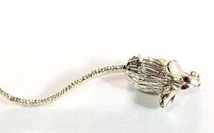 Vintage Mouse Brooch Pin Red Rhinestonnes Gold-tone 2.5" Long Tail Rat gab221